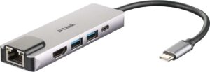 D-Link Hub USB-C 5 en 1 2 Puertos USB 3.0 + 1 HDMI + 1 RJ45 - Plug & Play
