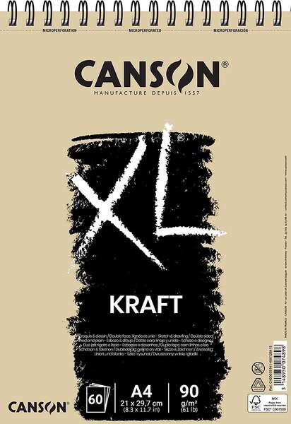 Canson XL Kraft Rayado Bloc de Dibujo con 60 Hojas A4 - Espiral Microperforado - 21x29.7cm - 90g - Color Beige