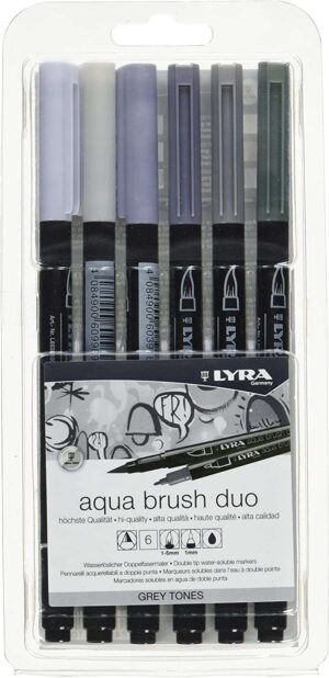 Lyra Aqua Brush Duo Pack 6 Rotuladores de Doble Punta - Trazos 1-5 y 1mm - Tinta Base de Agua - Colores Tonos Grises