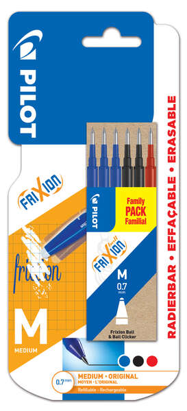 Pilot Pack de 6 Recambios para Frixion Ball y Frixion Clicker - Punta de Bola Redonda 0.7mm - Trazo 0.4mm - Colores: 3x Azul, 2x Negro y 1x Rojo