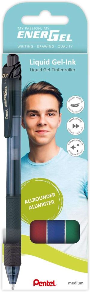 Pentel EnerGel X Pack de 4 Boligrafos de Bola Retractiles Tinta Gel - Punta 0.7mm - Trazo 0.35mm - Recargable - Grip de Agarre - 50% de Materiales Reciclados - Colores Surtidos