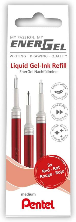 Pentel EnerGel X Pack de 3 Recambios para BL57, BL77, BL107, BL117, BL407, BL2007, BL2507 - Color Rojo