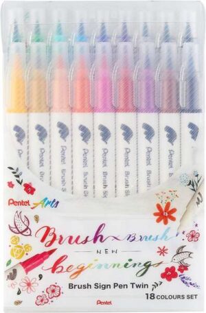 Pentel Brush Sing Pen Twin Pack de 18 Rotuladores con Doble Punta de Pincel Flexible - Punta Ancha 1-4mm, Punta Fina 0,2-2mm - Colores Surtidos