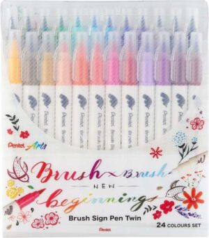 Pentel Brush Sing Pen Twin Pack de 24 Rotuladores con Doble Punta de Pincel Flexible - Punta Ancha 1-4mm, Punta Fina 0,2-2mm - Colores Surtidos