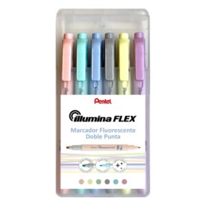 Pentel Illumina Flex Pack de 6 Marcadores Fluorescentes Doble Punta - Biselada Trazo entre 1.5 a 3.5mm - Conica Trazo 1mm - Colores  Amarillo, Gris, Melocoton, Violeta, Verde Turquesa y Azul
