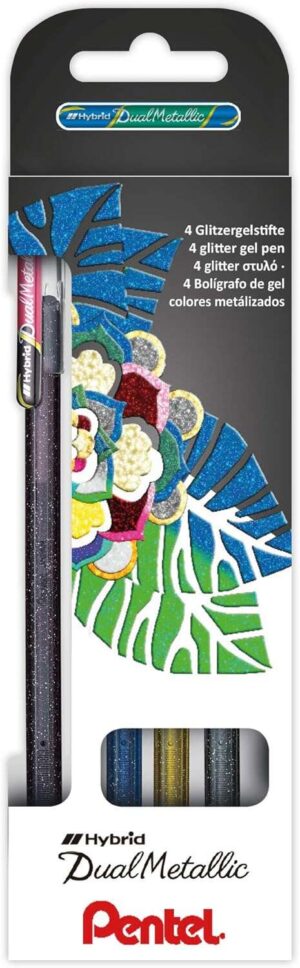 Pentel Hybrid Dual Metallic Pack de 4 Boligrafos de Bola con Tinta Gel Brillante - Punta 1mm - Trazo 0.5mm - Colores Brillantes Surtidos