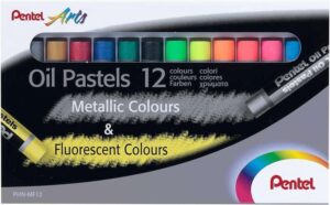 Pentel Oil Pastels Pack de 12 Pasteles Oleo - 6 Metalicos y 6 Fluorescentes - Blandos, Cremosos y de Secado Lento - Colores Metalicos y Fluorescentes Surtidos