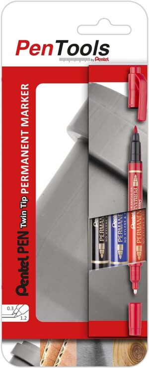 Pentel PenTools Pack de 3 Rotuladores Permanentes Industriales Pentel Pen Twin Tip - Doble Punta - Extrafina 0,6mm y Fina 3.5mm - Resistente a Agua y Luz - Colores Negro, Azul, y Rojo