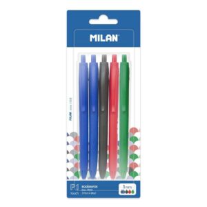 Milan P1 Touch Pack de 5 Boligrafos de Bola Retractiles - Punta Redonda 1mm - Tinta con Base de Aceite - Escritura Suave - 1.200m de Escritura - Color Azul x2, Negro, Rojo y Verde