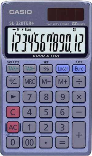 Casio SL-320TER+ Calculadora de Bolsillo - Pantalla LC Extragrande de 12 Digitos - Funcion Conversor de Euros - Color Azul