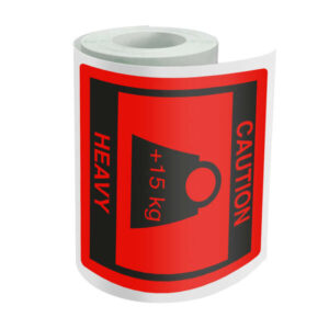 Dohe Rollo de 500 Etiquetas Adhesivas Pre-impresas Caution-Heavy - 80x80mm - Para Avisar de Cargas Pesadas - Ideal para Expedicion de Paquetes