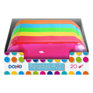 Dohe Expositor con 20 Portatodos Simples Redondos - Fabricados en PVC de 280 Micras Transparente - Cierre de Cremallera - Colores Surtidos