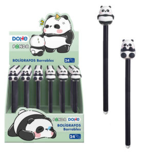 Dohe Expositor de 24 Boligrafos Tinta Borrable - Punta Bola Metalica 1mm - Trazo 0.5mm - Tapa Decorada Motivos Oso Panda - Tinta Azul