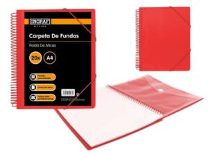 Ingraf Carpeta 20 Fundas A4 + Sobre con Broche - Espiral Plastica Indeformable - Apertura 360 Grados - Portada Personalizable - Color Rojo