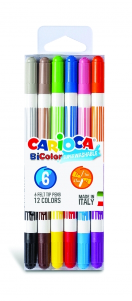 Carioca Bicolor Pack de 6 Rotuladores - Dos Colores por Rotulador - Tinta Superlavable - Punta Conica para Doble Trato de Escritura - Color Varios