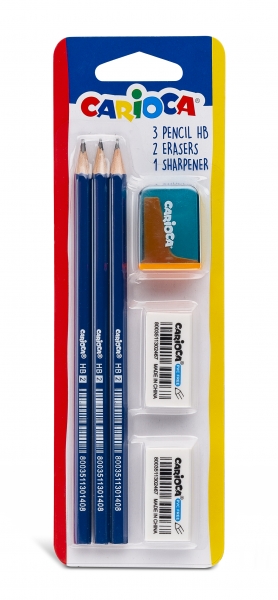 Carioca Pack de 3 Lapices de Grafito HB + 2 Gomas y Sacapunta - Facil de Borrar y Sacar Punta - Cuerpo Triangular Agradable al Tacto - Color Gris