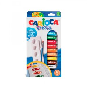 Carioca Pack de 12 Tubitos de Tempera 10ml + Pincel y Paleta - Alto Poder Cubriente - Aplicable en Materiales Porosos - Colores Surtidos