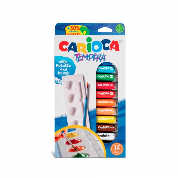 Carioca Pack de 12 Tubitos de Tempera 10ml + Pincel y Paleta - Alto Poder Cubriente - Aplicable en Materiales Porosos - Colores Surtidos
