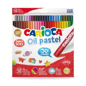 Carioca Pack de 50 Pasteles al Oleo - Colores Brillantes - Lavables - Resistentes a la Luz - Cubrientes - Faciles de Mezclar - Maxi Cuerpo Ø 10mm - Uso en Papel, Carton, Tela y Madera - Color Varios