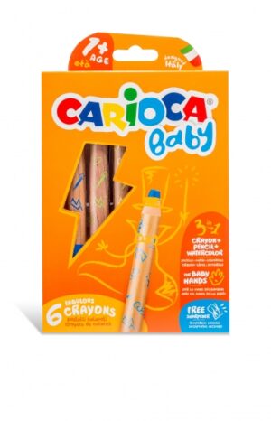 Carioca Baby 1+ 3In1 Pack de 6 Lapices - Lapiz Cera y Acuarela en Uno - Cuerpo Extragrande - Acuarelables - Sacapuntas Incluido - Colores Brillantes y Lavables - Color Varios