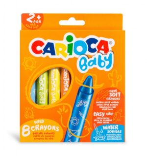 Carioca Pack de 8 Ceras Baby 2+ - Super Suaves - Gran Dimension para Facil Agarre - Escritura Suave - Colores Brillantes y Lavables - Acuarelables con Agua y Pincel - Color Varios