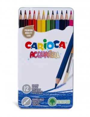 Carioca Acquarell Pack de 12 Lapices Acuarelables - Caja de Metal - Efecto Acuarela con Agua y Pincel - Colores Intensos y Brillantes - Escritura Blanda - Mina de Ø 3.3mm - Color Varios