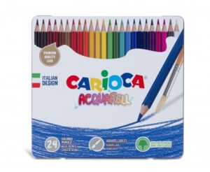 Carioca Acquarell Pack de 24 Lapices Acuarelables - Caja de Metal - Efecto Acuarela con Agua y Pincel - Colores Intensos y Brillantes - Escritura Blanda - Mina de Ø 3.3mm - Color Varios