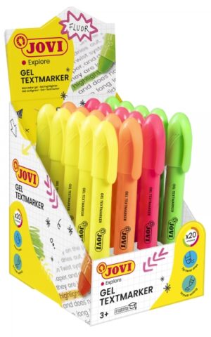 Jovi Gel Textmarker Expositor con 20 Marcadores de Texto - Colores Fluorescentes - No Necesitan Punta - Deslizamiento Suave - No Traspasan - Secado Rapido - Aptos para Luz Negra - Color Surtido