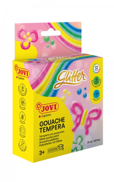 Jovi Glitter Gouache Estuche de 4 Botes de Tempera 35ml - Tempera Liquida Base Agua - Particulas de Purpurina - Excelente Rendimiento - Secado Rapido - Facil Aplicacion - Color Surtido