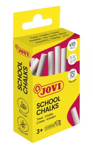 Jovi School Chalks Caja con 10 Tizas Blancas - Compactas - sin Polvo - Materias Primas Naturales - Trazos Nitidos - Faciles de Borrar - Muy Resistentes - Poco Resto de Polvo - Color Blanco