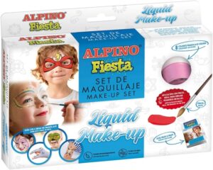 Alpino Fiesta Pack de 8 Botes de Maquillaje Liquido de Diferentes Colores + Pincel + Guia de Ideas - Se Lava con Agua - Testado Dermatologicamente