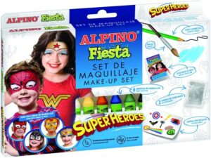 Alpino Fiesta Superheroes Pack de Maquillaje con 6 Barritas de Pintura Facial + Pincel + Tatuajes en Calcomania + Lapiz Perfilador y 2 Sobres de Purpurina - Se Lava con Agua - Testado Dermatologicamente