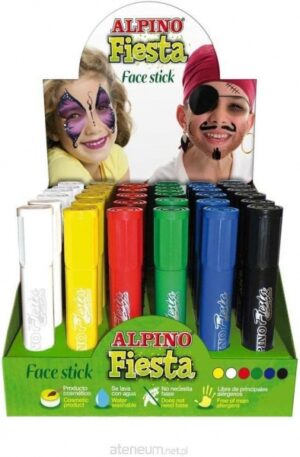 Alpino Fiesta Face Stick Expositor con 36 Barritas de Pintura Facial - Sistema Retractil Giratorio - Se Lava con Agua - Testado Dermatologicamente