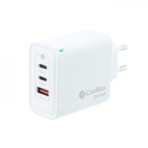 Coolbox Cargador de Pared 65W QC3.0 + PD - USB-A + 2xUSB-C - Carga Rapida - Tecnología GaN - Color Blanco