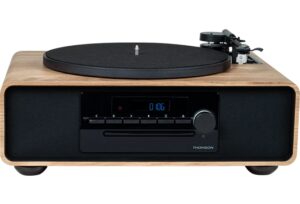 Thomson MIC300TT Micro Cadena 60W Bluetooth 5.0 con Tocadiscos Integrado - Reproductor de CD, Radio FM, Reproductor USB (MP3) - Mando a Distancia - Color Madera/Negro