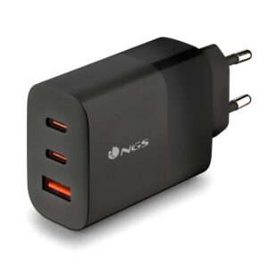NGS Bud 65W Cargador GaN Universal de Pared 65W Ultrarapido - 2x USB-C PD & PPS, 1x USB-A QC 3.0 - Color Negro