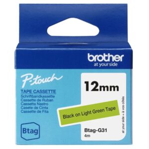 Brother Btag-G31 Cinta 12mm - Texto Negro sobre Fondo Verde - Medidas 12mmx4 Metros - Apta para PTN10, PTN20, PTN25BT