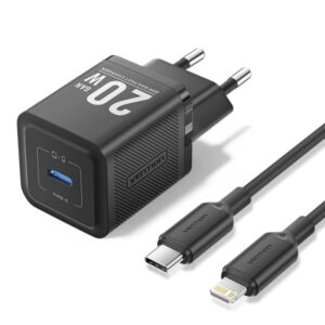 Vention Cargador de Pared GaN USB-C 20W - Cable USB-C a Lightning 1m - Color Negro