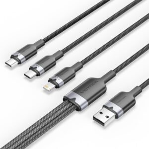 Vention Cable USB-A 2.0 a USB-C, Lightning, Micro-B 3A - 1.5m - Trenzado - Color Negro