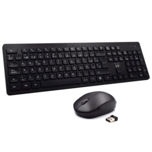 Ewent Pack Inalambrico 2.4hz KB+RATON - Teclado de Oficina con 13 Teclas Multimedia - Raton de Viaje - 1000dpi Unico - Receptor USB-A - 2 Bateria AA (Incluida) - Color Negro
