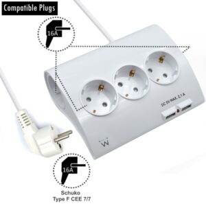 Ewent Regleta de Energia - 5 enchufes - Version Schuko - 16A -  2 Puertos USB - Cable de 1.5m - Color Blanco