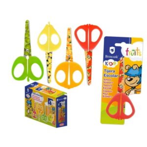 Bismark Kids Fruits Tijera Escolar 13cm - Hojas y Mangos Decorados con Frutas - Mangos en Plastico - Punta Roma - 4 Diseños Surtidos