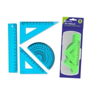 Bismark Pack de 4 Reglas para Dibujo - Incluye Regla 15cm, Escuadra 10cm, Cartabon 10cm y Transportador de Angulos - Caja Portadora PVC - Ideal para el Colegio - Colores Azul y Verde Aleatorios