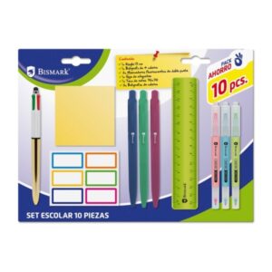 Bismark Pack Escolar con Regla Flexible 15cm, Boligrafo 4 Colores, 3 Marcadores Fluorescentes Doble Punta, Taco Notas Adhesivas 76x76, Hoja de Etiquetas Adhesivas y 3 Boligrafos Tacto Soft