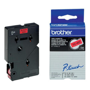 Brother TC401 Cinta Laminada Original para Rotuladora - Texto Negro sobre Fondo Rojo - Ancho 12mm x 7 metros
