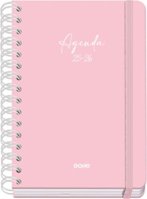 Dohe Serenity Agenda Escolar 25/26 Espiral Wire’o A5 - Semana Vista - Papel 80g/m2 - 4 Hojas de Pegatinas - Cubierta de Carton Plastificado - Cierre con Goma Elastica - Color Rosa