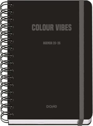 Dohe Colour Vibes Agenda Escolar 25/26 Espiral Wire’o A5 - Semana Vista - Papel 80g/m2 - 4 Hojas de Pegatinas - Cubierta de Carton Plastificado - Cierre con Goma Elastica - Color Negro