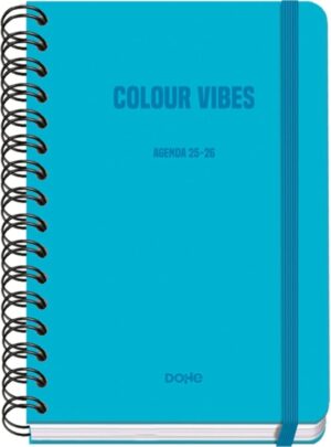 Dohe Colour Vibes Agenda Escolar 25/26 Espiral Wire’o A5 - Semana Vista - Papel 80g/m2 - 4 Hojas de Pegatinas - Cubierta de Carton Plastificado - Cierre con Goma Elastica - Color Azul Cyan