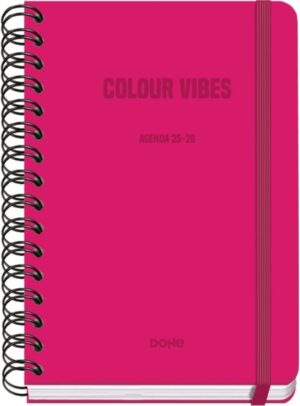 Dohe Colour Vibes Agenda Escolar 25/26 Espiral Wire’o A5 - Semana Vista - Papel 80g/m2 - 4 Hojas de Pegatinas - Cubierta de Carton Plastificado - Cierre con Goma Elastica - Color Rosa