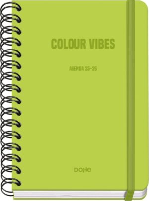 Dohe Colour Vibes Agenda Escolar 25/26 Espiral Wire’o A5 - Semana Vista - Papel 80g/m2 - 4 Hojas de Pegatinas - Cubierta de Carton Plastificado - Cierre con Goma Elastica - Color Verde Lima